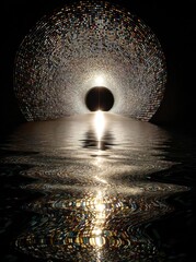 Abstract light tunnel reflected in water at night.