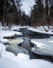 Snowy river flows through a dark forest