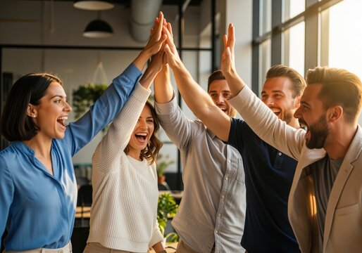Happy diverse business team celebrating achievement with a high five in the office