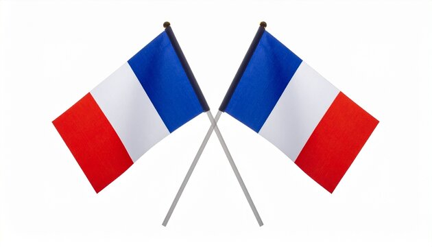 "Two French flags crossed at the poles, featuring vertical blue, white, and red stripes on a clean white background. A balanced and symbolic display of national pride and unity."