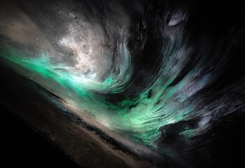 Abstract Swirling Green Light in Darkness.