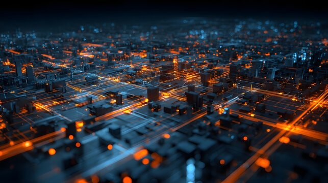 Illuminated network infrastructure depicts a futuristic digital metropolis at night