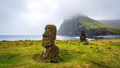 Moai statues sit on grassy coastline