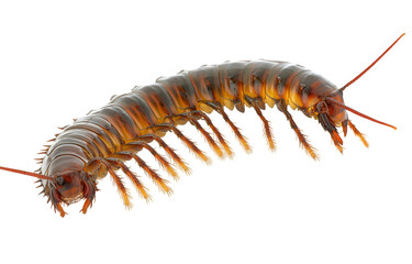 Centipede isolated on transparent background, displaying its segmented body, multiple legs, and antennae, showcasing its unique locomotion and anatomical characteristics