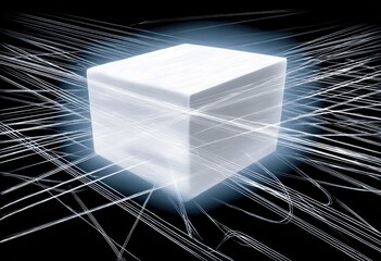 Abstract White Cube with Light Streaks.