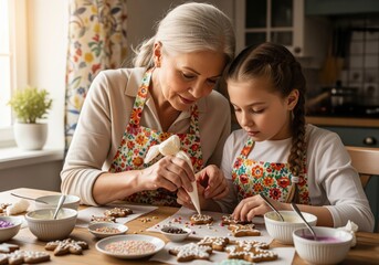 Senior grandmother and granddaughter decorating holiday cookies with icing in the kitchen