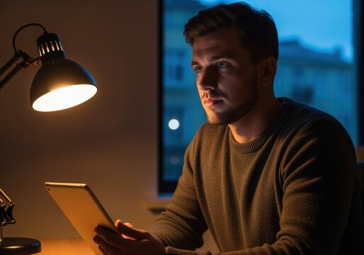 Focused young man using a digital tablet working late at night illuminated by a desk lamp.