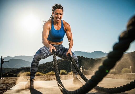 Powerful woman athlete performing intense battle rope workout outdoors under the sun.
