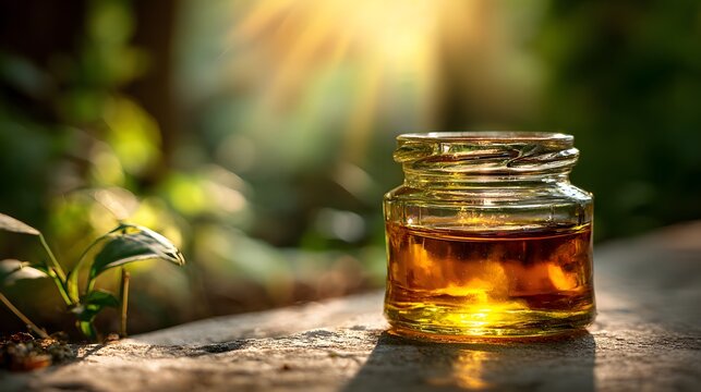Small glass jar containing amber liquid sits bathed in bright sunlight on a textured surface beside greenery.