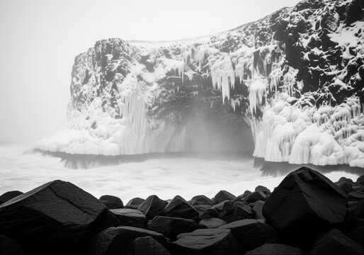 Black and white photograph of a dramatic frozen sea cave covered with ice and icicles