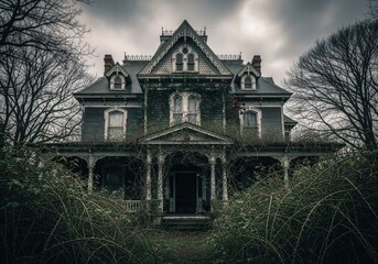 Spooky abandoned victorian haunted house surrounded by dead trees and thorny bushes