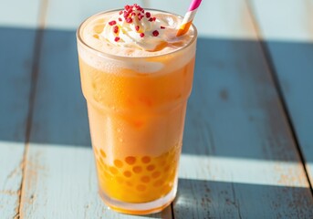 Fototapeta premium Vibrant orange fruit bubble tea with popping boba and whipped cream on wood.
