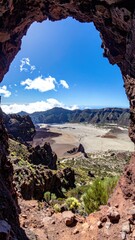 Volcanic landscape through rock opening