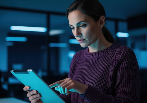 Focused businesswoman using a digital tablet in a dark office environment