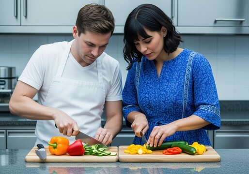 Couple chopping fresh colorful vegetables together on cutting boards in a modern kitchen - Powered by Adobe