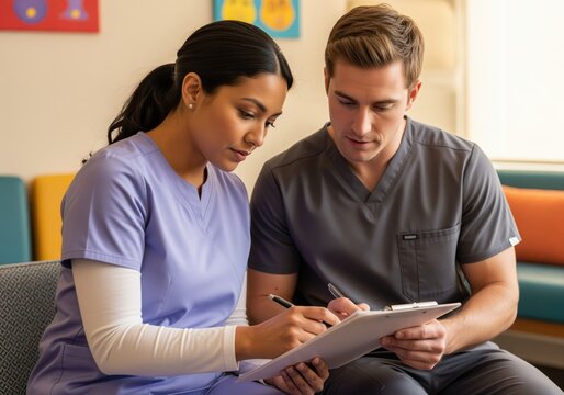 Two focused healthcare professionals reviewing medical records and discussing treatment