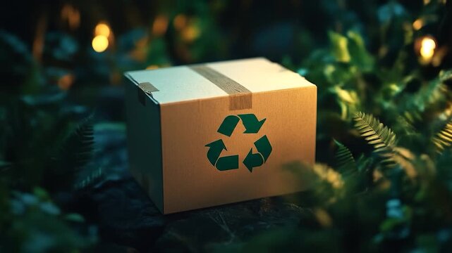 Brown cardboard box with green recycle symbol in natural, leafy environment
