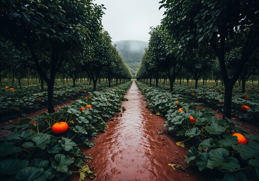 Symmetrical pumpkin patch pathway between rows of dark green orchard trees on a moody day.