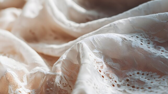 Delicate sheer fabric with intricate lace detailing drapes in soft folds under warm light