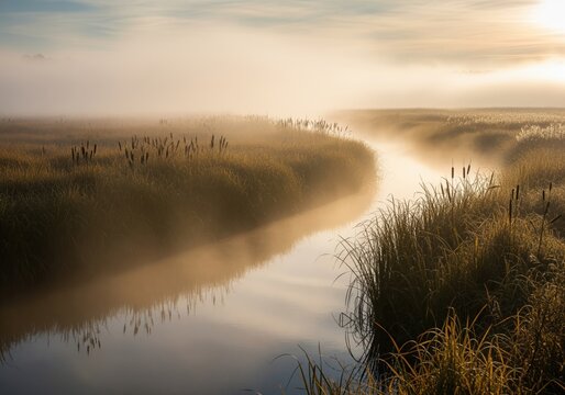 Winding river flowing through a misty autumn marshland at golden sunrise