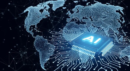 Artificial intelligence chip powering the globe, representing global ai integration and technological advancement across the world