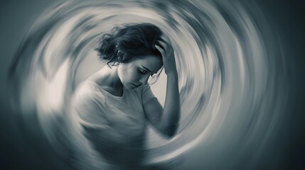 Woman experiences severe dizziness or vertigo depicted by a swirling motion effect