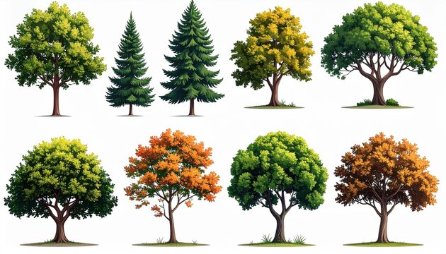 "Collection of eight stylized trees in two rows – varied shapes, trunk structures, and foliage colors from orange to green, set against a neutral background to illustrate botanical diversity and seaso