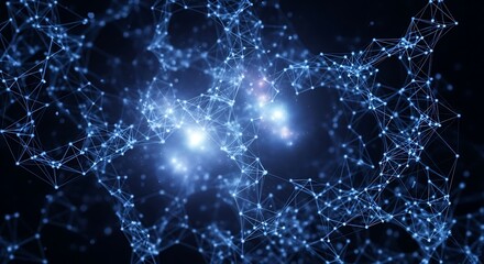 Abstract digital network of glowing blue nodes and connecting lines on a dark background, representing data and connectivity