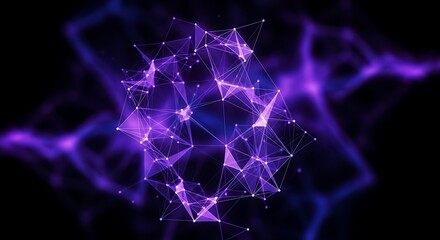 Abstract purple geometric network structure with glowing nodes and connections on a dark background, representing data or science
