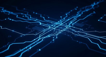 Abstract digital circuit board with glowing blue lines and nodes on a dark background, representing technology and data flow