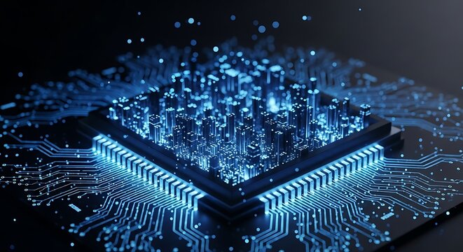 Abstract visualization of a glowing blue microchip processor with intricate circuitry and data streams on a dark background, representing technology and innovation