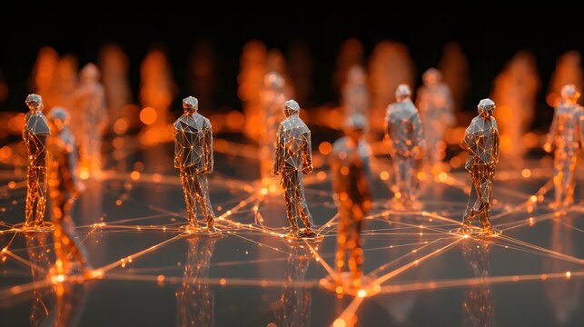 Numerous humanoid figures illuminated by intricate orange light pathways across a reflective surface - Powered by Adobe