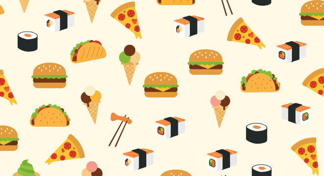 A delicious flat design seamless pattern showcasing popular fast food items, ideal for restaurant menus or culinary blogs. This clean, modern 2D illustration adds a playful and appetizing touch.