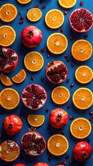 Oranges and pomegranates on blue backdrop