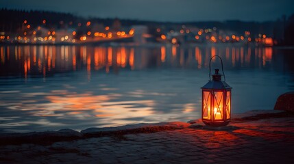 Glowing portable light illuminates stone surface beside dark water with distant village reflections