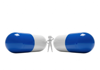 Human silhouette standing between two large blue and white capsules isolated on transparent background