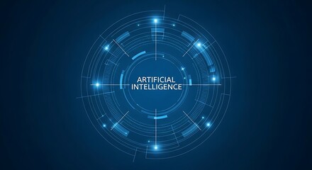 Abstract futuristic digital interface with glowing blue circuits and the words artificial intelligence at its center, representing advanced technology and data