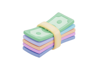 Stack of Pastel Colored Bills Secured With A Yellow Band Isolated on Transparent Background Representing Money Wealth and Finance