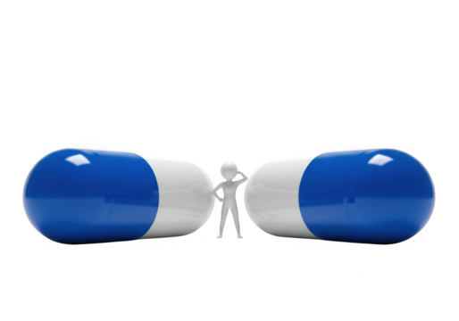 Human silhouette standing between two large blue and white capsules isolated on transparent background