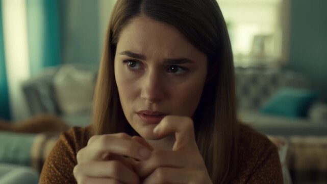 A portrait of an intense young woman expressing mixed emotions. She has a concerned expression and hands clasped together, suggesting introspection and anxiety Stock Video