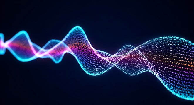 Abstract glowing wave of colorful particles flowing in a dark digital space, representing data or sound visualization