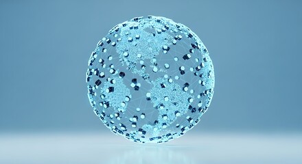 Abstract 3D rendering of a transparent sphere with interconnected nodes, symbolizing a global network, data, and communication on a blue background
