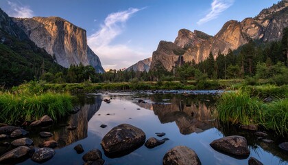 Valley stream reflects grand mountains