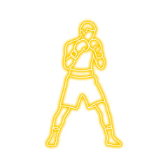 Neon yellow outline of a boxer in fighting stance with gloves, shorts, and boots on a white background.
