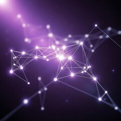 Obraz premium Abstract network of glowing nodes and lines in purple and white, representing data connections and digital communication in a dark space