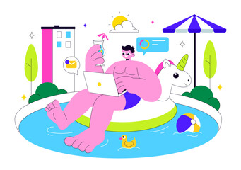 Freelance Workers Relaxing by the Swimming Pool Vector Illustration Featuring People Drinking Cocktails and Using Laptops in a Flat Background