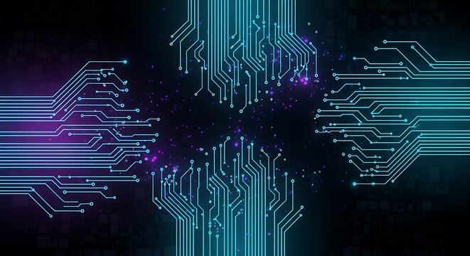 Abstract digital circuit board with glowing blue and purple lines on a dark background, representing technology and data flow