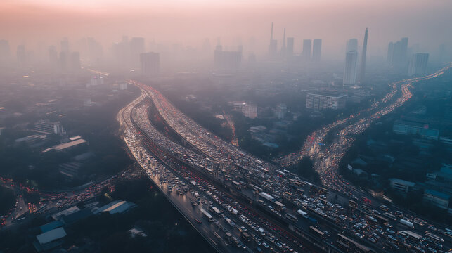 Aerial drone view of massive city traffic jam during sunset with smog and air pollution over modern urban skyline. Generated with AI
