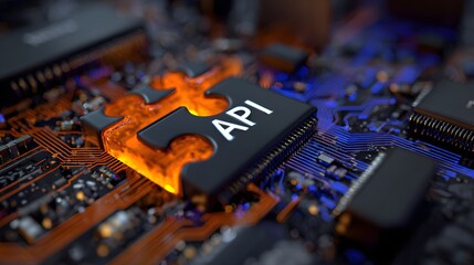 Illuminated electronic circuit board features a crucial connection piece shaped like a puzzle element with designated functional acronym.