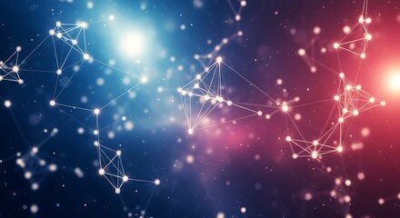 Fototapeta premium Abstract network of glowing nodes and lines against a cosmic background with red and blue hues